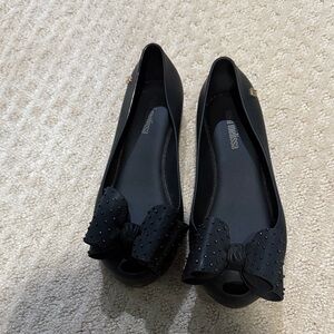 Mini Melissa Jelly Black Peep-Toe Flats with Bow